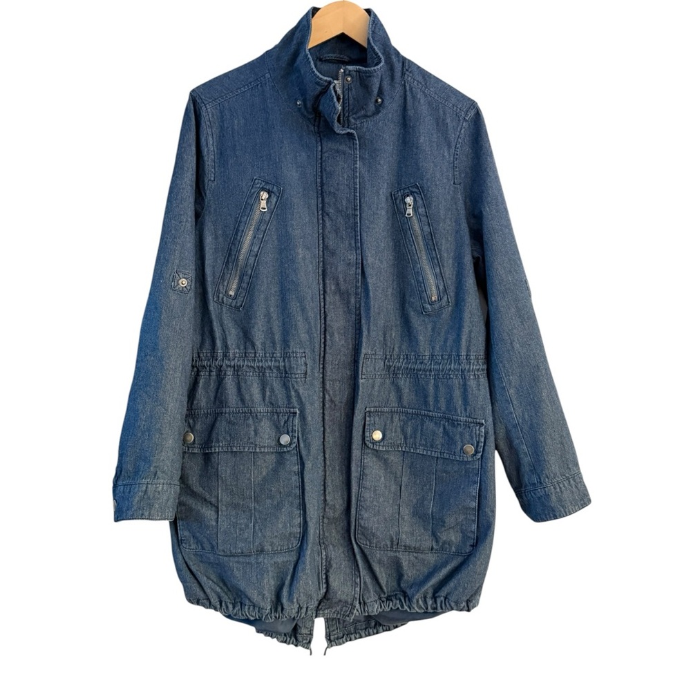 G.H. Bass & Co Denim Jacket Women’s Large Full Zip Snap Pockets Roll Tab Sleeves